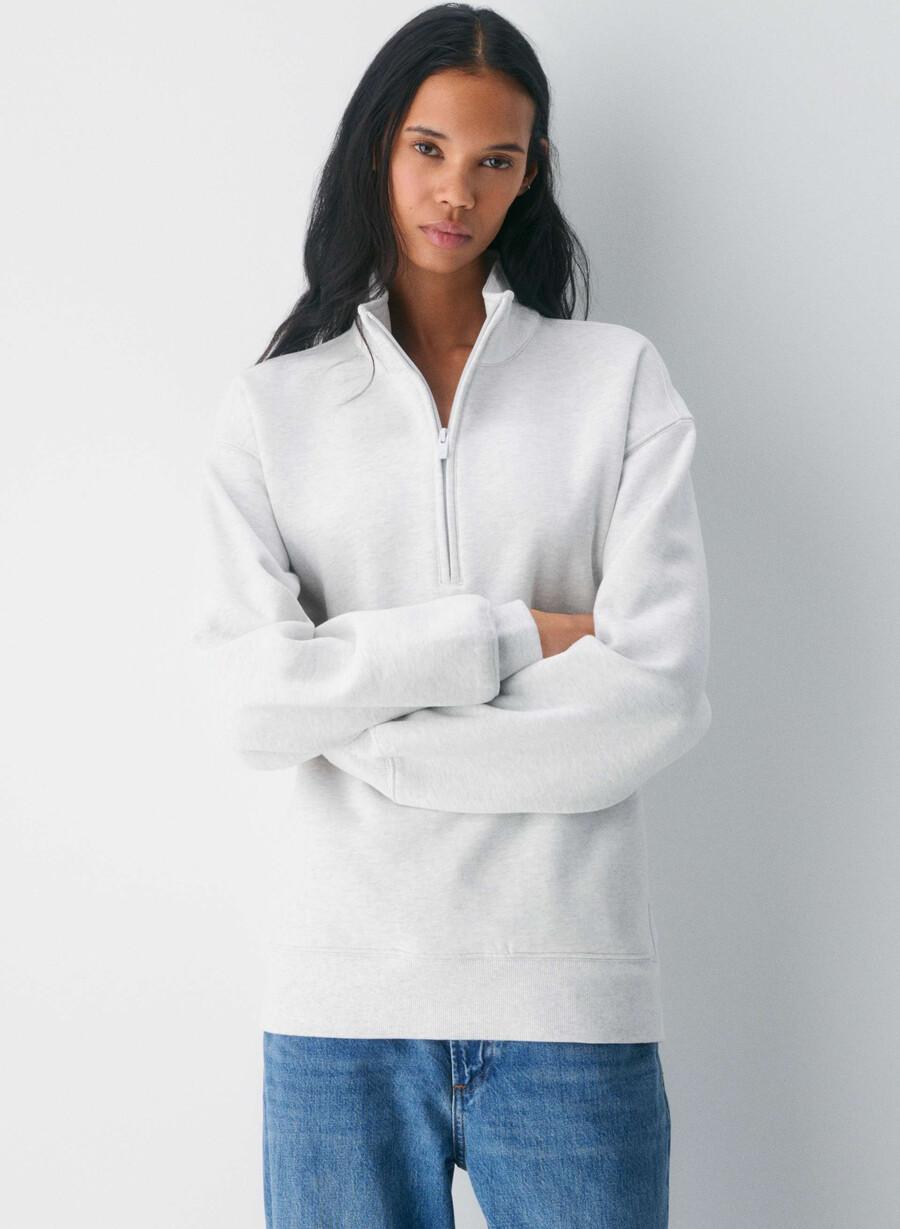 koselig fleece-genser med 12 glidelås i heather cloud white