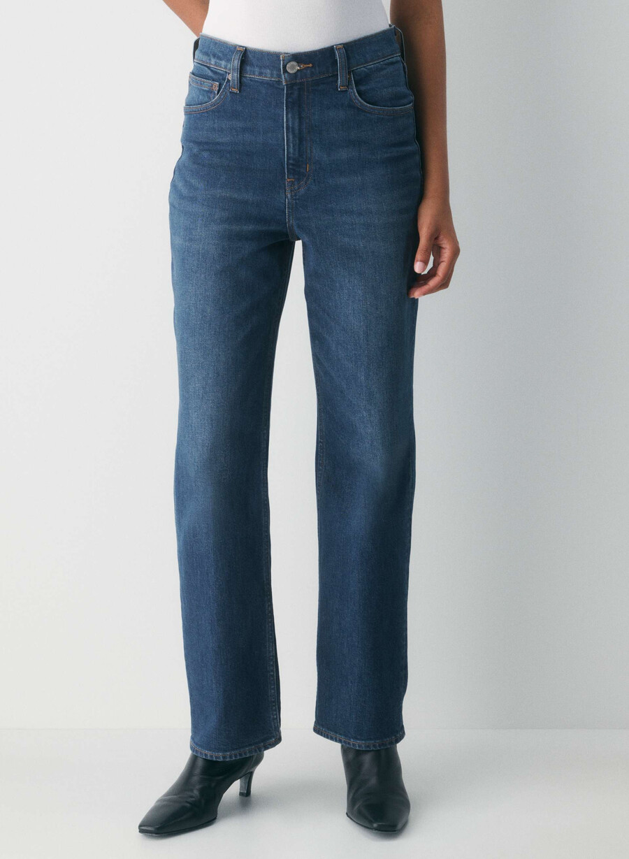 denim forum arlo high-rise straight jean be about dark bleu