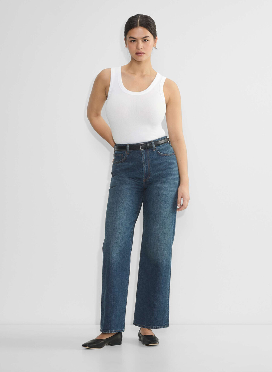 denim forum farrah curve-fit high-rise wide jean be about dark bleu