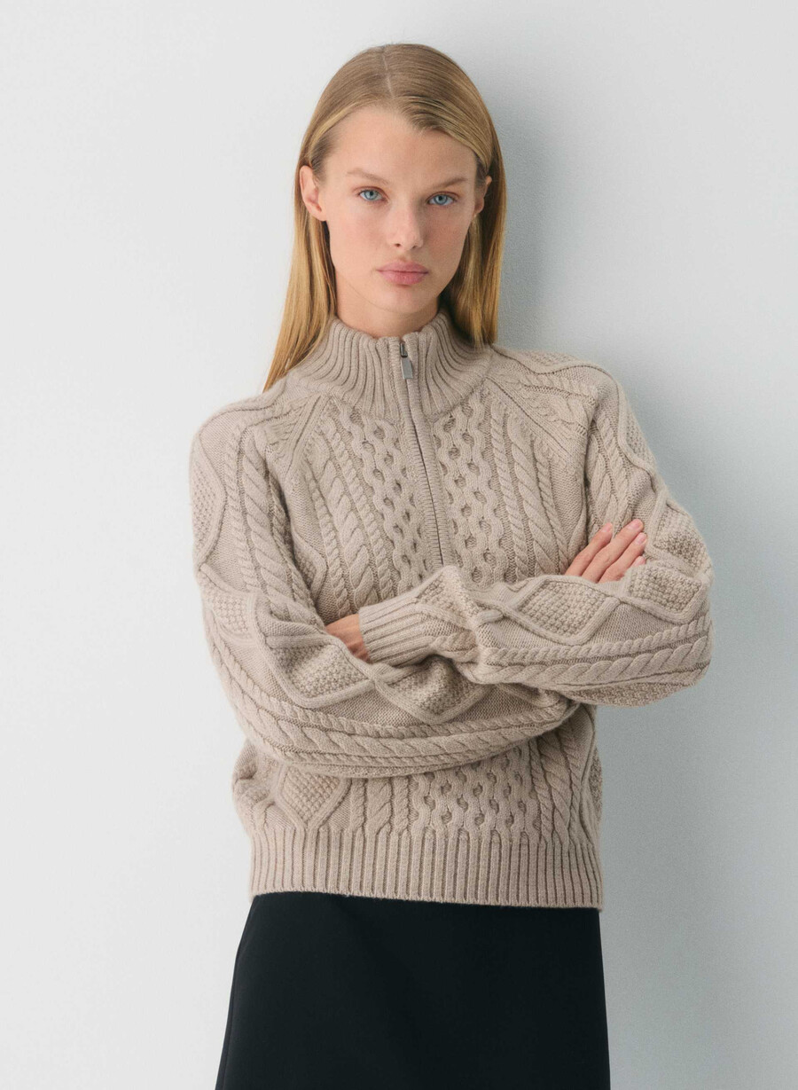 heritage knit merinoullgenser med 14 glidelås heather nomad taupe