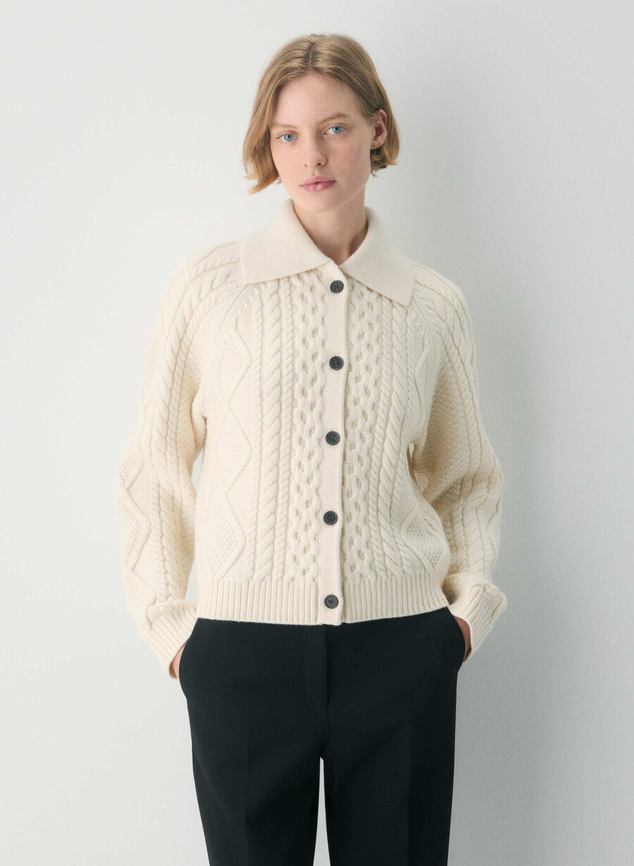 heritage knit merinoull cardigan med krage seaside cream