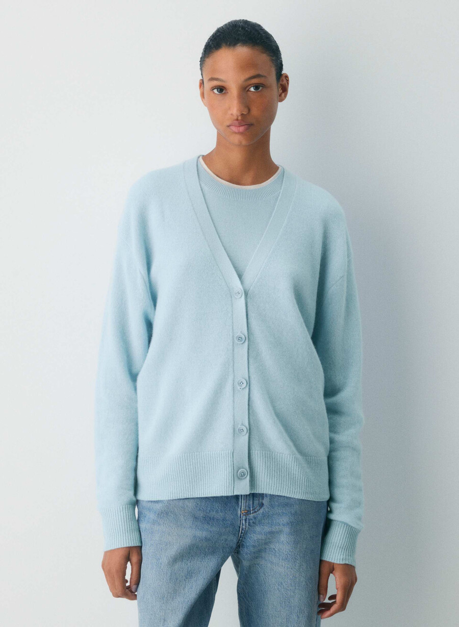 fjær kasjmir avslappet v-hals cardigan dew blue