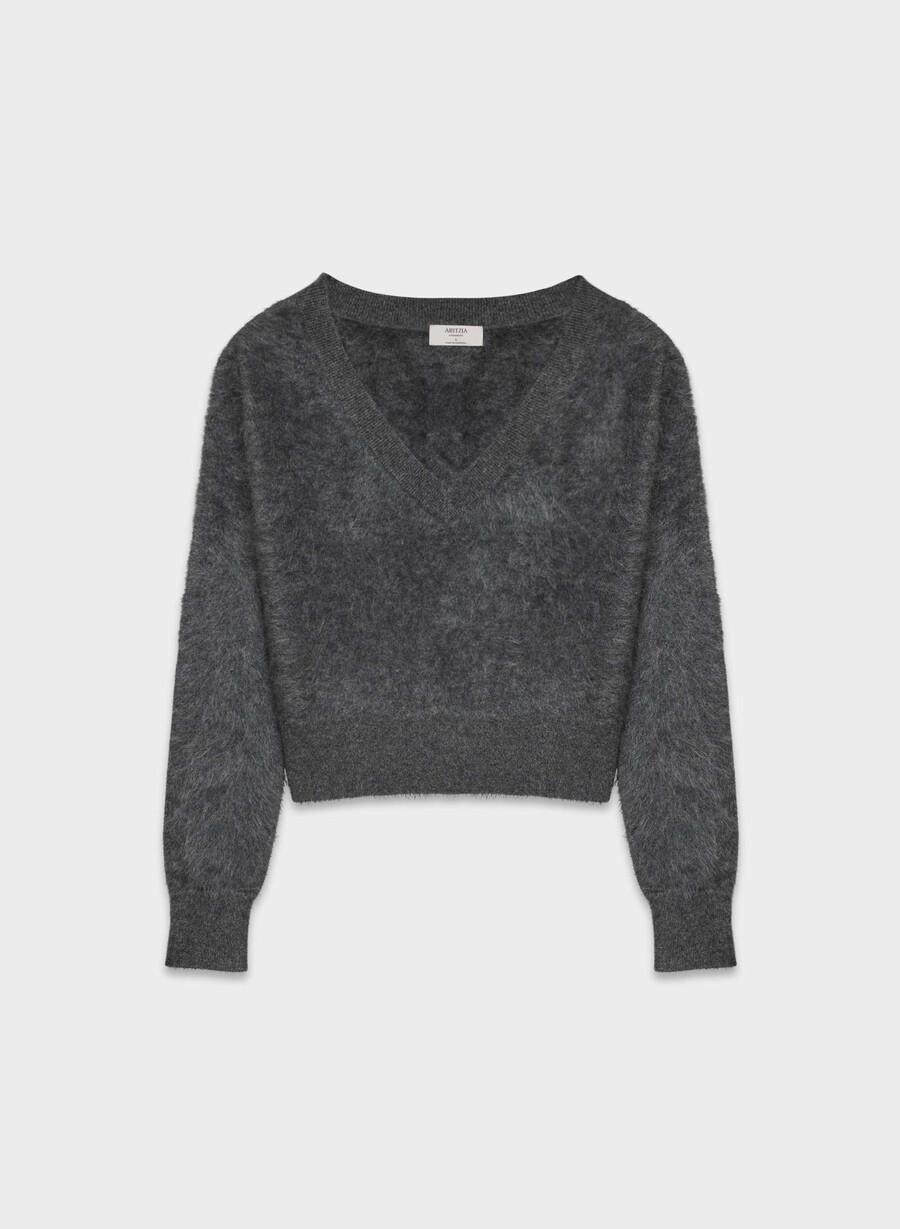 børstet kasjmir krympet genser med v-hals heather charcoal