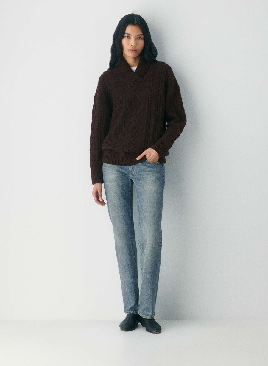 heritage knit merinoull genser med sjalhals rik mokkabrun