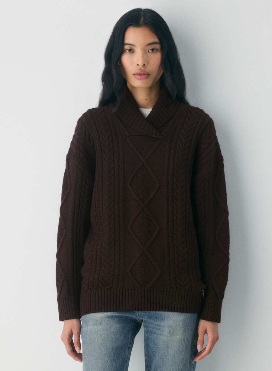 heritage knit merinoull genser med sjalhals rik mokkabrun