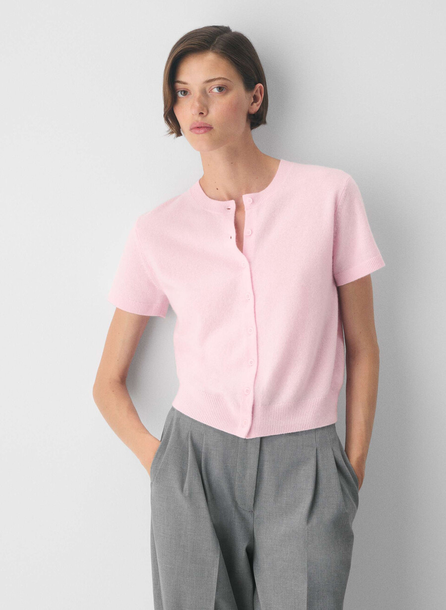 bare cashmere kortermet cardigan med crew-krage villa rosa